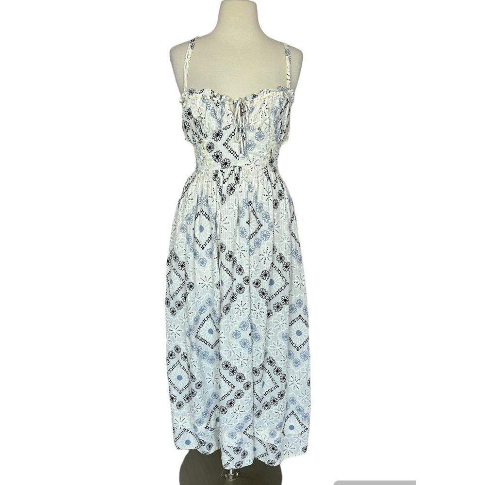 Urban Outfitters Floral Medallion Midi Dress Ruched Bust Smocked Beige SZ M